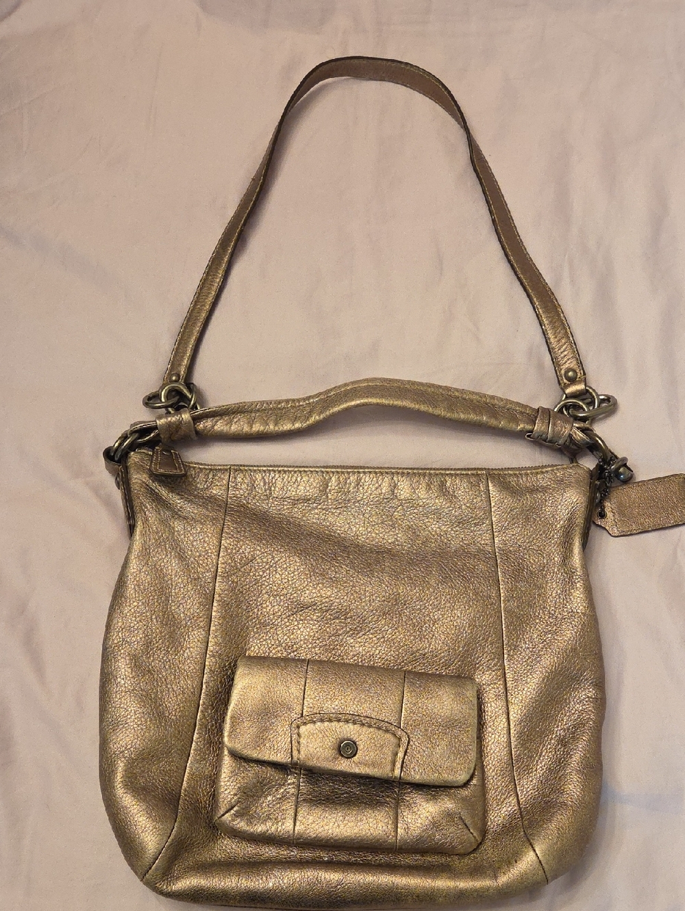Large Vintage Coach Metallic Silver Leather Shoulder Bag